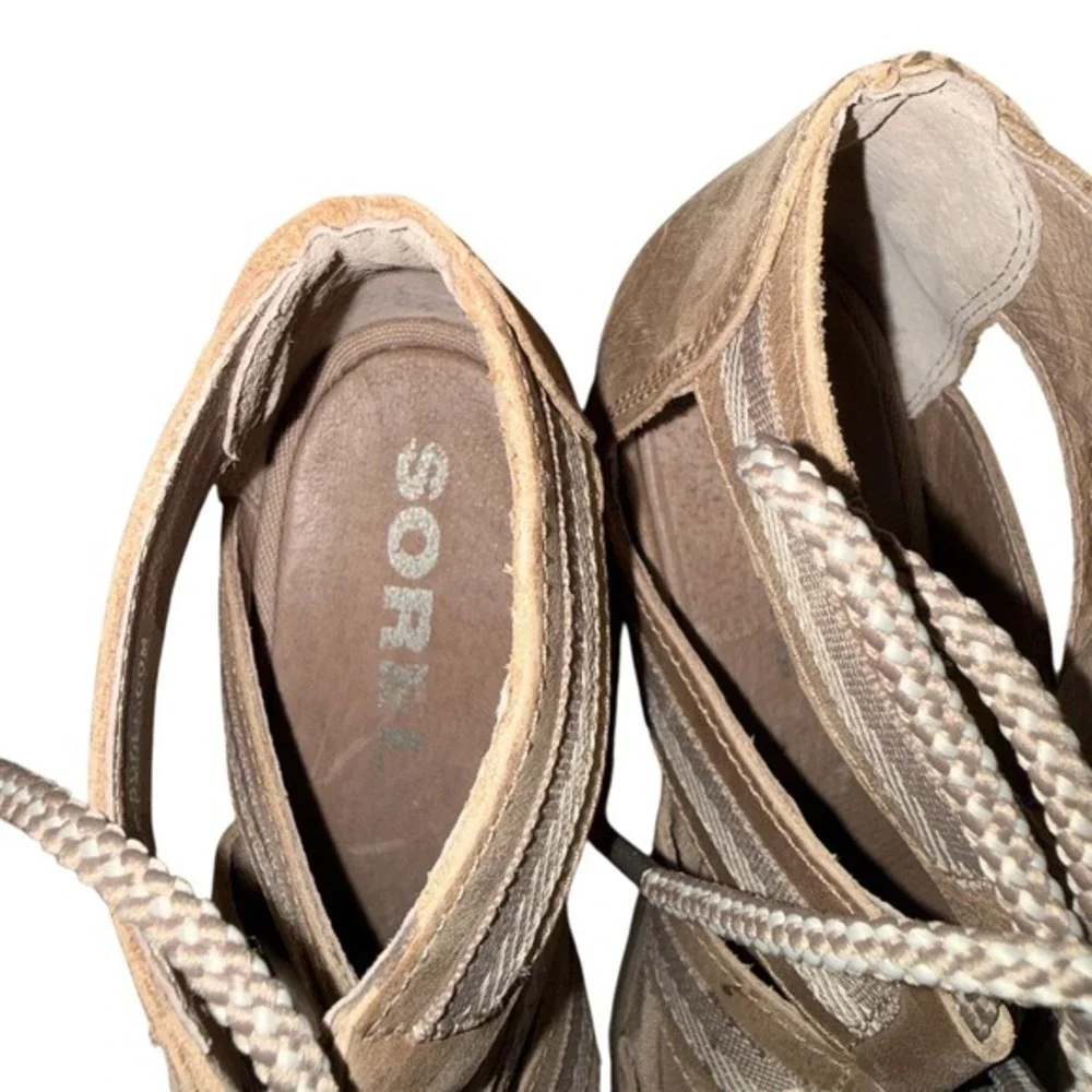 Sorel Joanie II Lace Womens 9 Pre-Owned‎ Wedge Sandal Brown Leather Strappy Lace